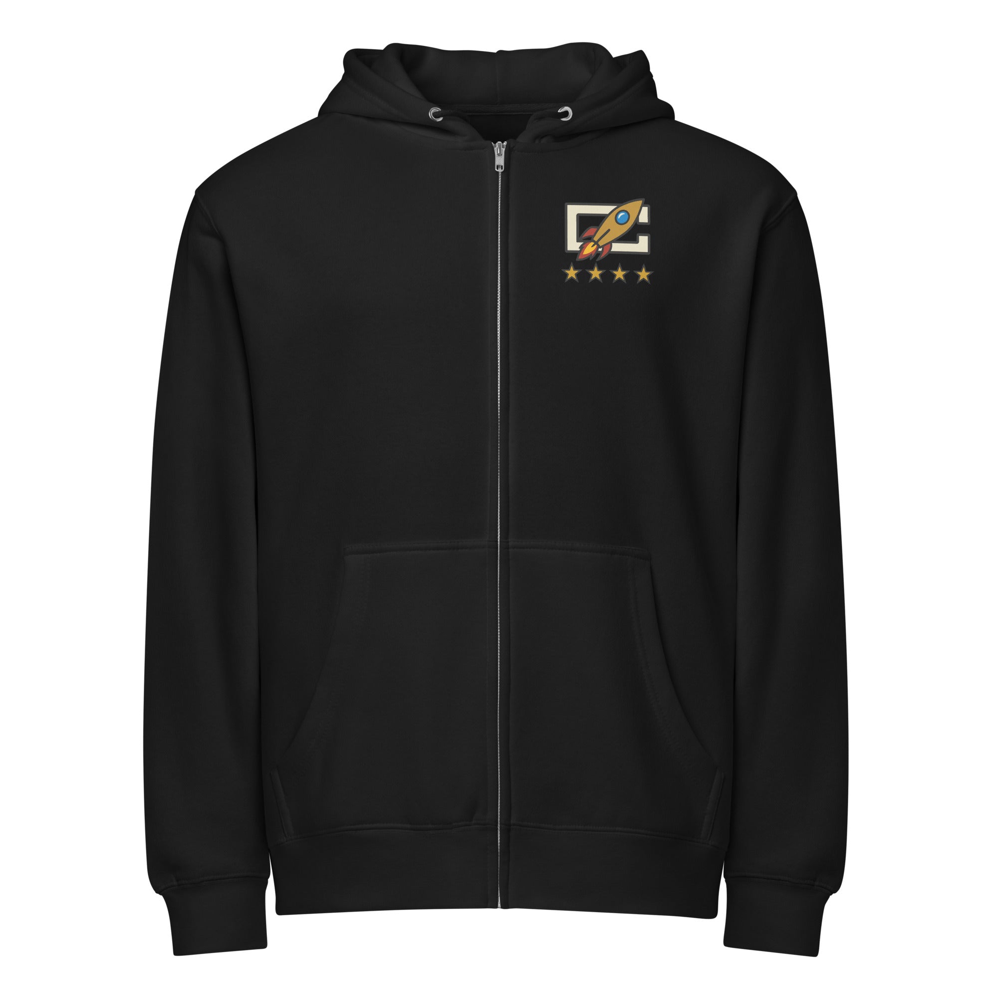 Black CAPT Blastoff full zip hoodie with a four-star rocket logo on the left chest, clear of the zipper